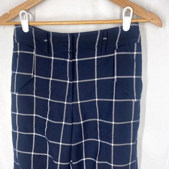 Derek Lam Collective Dress Pants Navy Blue Windowpane Plaid Trouser High Rise 36 Straight Leg